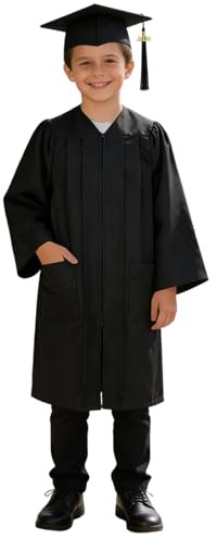 Robe de Diplôme Enfant + Bonnet à Pompon 12 Couleurs Toge Graduation Primaire Tissu Résistant Deux Poches pour Cérémonie de Remise de Diplôme,Spectacle Scolaire et Shooting(Black,4-5Y)