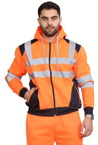 janisramone® Herr Hi Vis reflekterande synlighet huvtröja kontrast lapp fleece sweatshirt arbete huvtröja jacka, herr fleecejackor full dragkedja, Hi Viz arbetshuvtröjor för män, pullover arbetströja