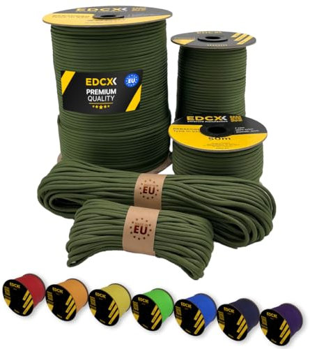 EdcX Paracord 4 mm, 35+ Volltonfarben (10 m, 15 m, 30 m, 50 m, 100 m, 300 m) | Ideal zum Basteln, Camping, Outdoor | 100% Nylonseil 4 mm| Paracord 550 Typ III (Moss, 15 m)