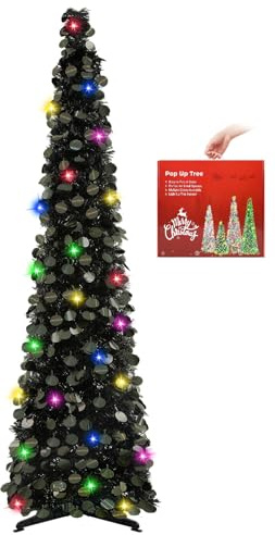 N&T NIETING Albero di Natale nero con supporto 150cm, albero di Natale pieghevole pop-up nero con paillettes per Natale, Halloween, feste, decorazione domestica