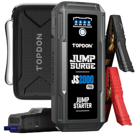 TOPDON JS2000 Pro Car Battery Charger Jump Starter, 2500A Peak Battery for Up to 8L Gas/6L Diesel Engines, 12V Portable Booster with Jumper Cables and EVA Protection Case