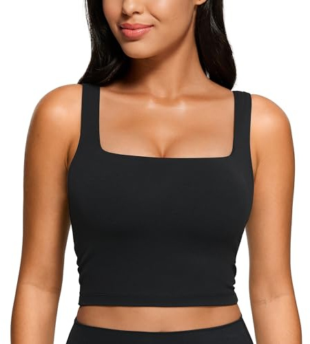 CRZ YOGA Women's Butterluxe Square Neck Sports Bra Padded Wireless Crop Top Gym Workout Tank Tops Camisole with Built in Bra Black 14