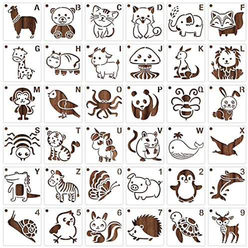 MWOOT 36 Stück Niedliches Tier Schablonen Stencils Set, Wiederverwendbares Malerei Vorlage Bemalen für Kinder, DIY Animal Schablone zum Malen an Wand, Geschenkkarte, Kleidung, Baby-Dusche(10.2x10.2cm)