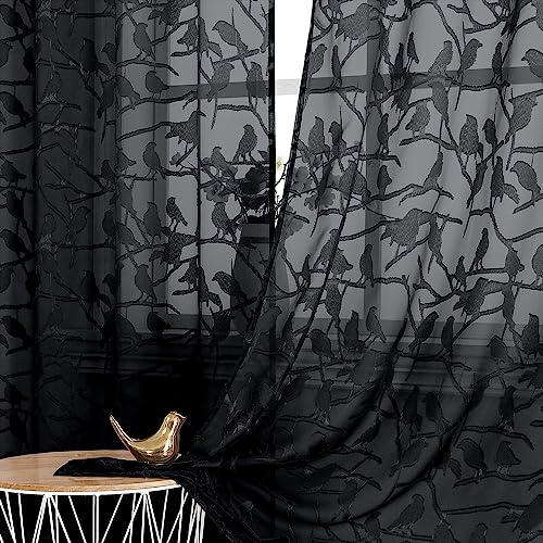 OVZME Textured Black Sheer Curtains 84 Inches Long 2 Panels Set, Light Filtering Leaf Bird Jacquard Voile Semi Sheer Curtains for Bedroom, Dual Rod Pocket Farmhouse Window Drapes, 2x38Wx84L Inches