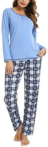 Litherday Pyjama Femme Hiver Ensembles de Pyjama Femme Coton Vêtement de Nuit à Manches Longues Tenue de Nuit à Carreaux Automne et Hiver,B Bleu XL