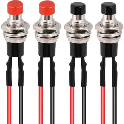 RUNCCI-YUN 4Pcs Self-locking 7mm Mini Push Button Switch SPST Latching Type ON/OFF 2 Pin Round Button 3V-6V-12V-24V-230V/1A Prewired Mini Switch for Model Railway Hobby(red black)