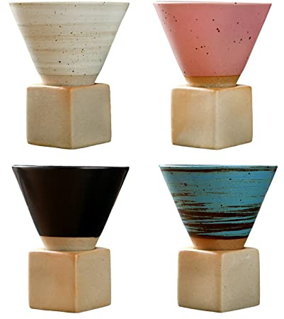 RXMORI 4Pcs Coarse Pottery Coffee Mug with Base,Ceramic Japanese Coffee Tea Cup Mug, Creative Triangular Cone Shape Porcelain Mug for Home Office(200ml)