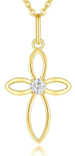 FANCIME Damen Halskette mit Minimalist Kreuz Christian Anhänger aus 14 Karat 585 Gold mit echt Diamant 0.1 ct Schmuck für Damen Frauen Mädchen, Verstellbar Kettenlänge: 40 + 5 cm