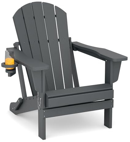 M MIDOULANDEXTYT Adirondack Stuhl,HDPE-Wetterfester Klapp-Adirondack-Stuhl mit Becherhalter für Garten,Terrasse,Hinterhof,Patio(Grau)