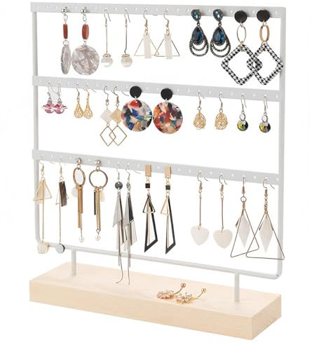 WhizNook 60 Fori Porta Orecchini con Base in Legno, 3 Strati Espositore Orecchini, Espositore Gioielli in Metallo Bianco, Porta Orecchini Organizer, Supporto per Orecchini, per Casa, Cassettiera