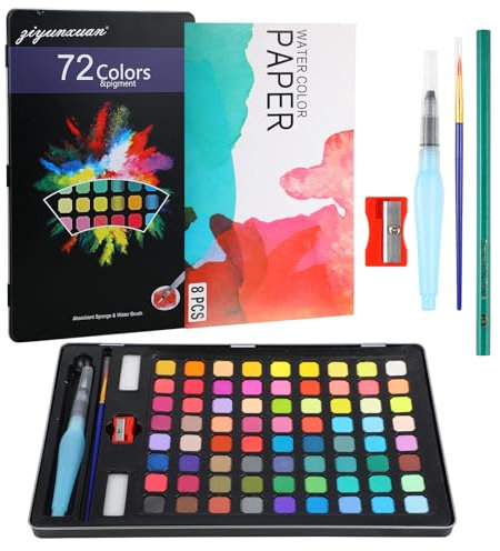 CRESZZLE Aquarellfarben Set – 72 Farben Watercolor Set mit Pinsel, Wassertankpinsel, Aquarellkasten, Zeichenstift, Aquarellpapier, Schwamm&Anspitzer, Wasserfarben für Kinder & Künstler.