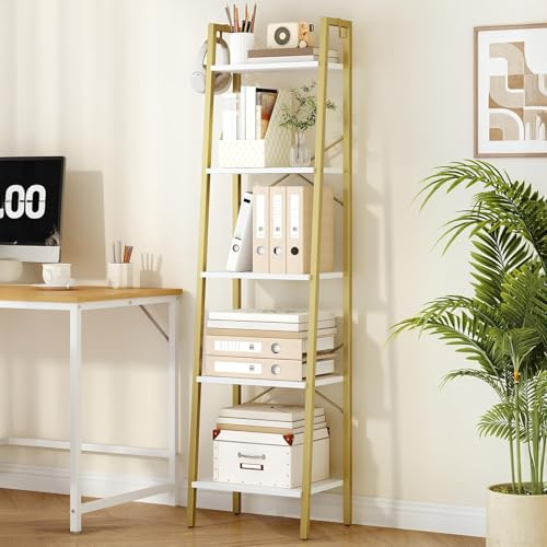 Hzuaneri Scaffale a scala, libreria, scaffale angolare autoportante con 2 ganci per casa, ufficio, soggiorno, cucina, camera da letto, industriale, 5 ripiani, oro bianco BC19213G