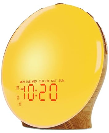 Fahoujs Legno Grains Designs Wake Up Light Sunrise Simulazione Sveglia con 2 Sveglia Funzione Snooze Radio Colorful Nightlight