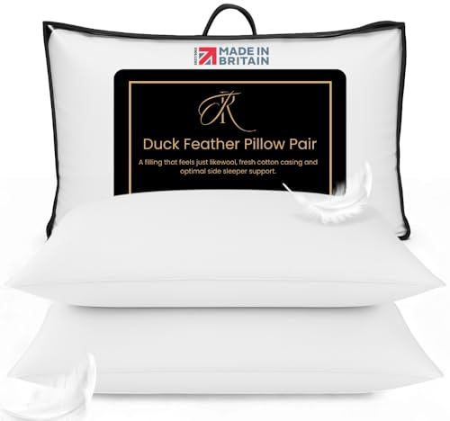 The Royce® Duck Feather Pillow Pair – 48x74cm Hypoallergenic Cotton Cover, Medium Soft Support Bed Pillows for Side & Back Sleepers, Made in Britain – Premium Feather Filled Pillows for Comfort