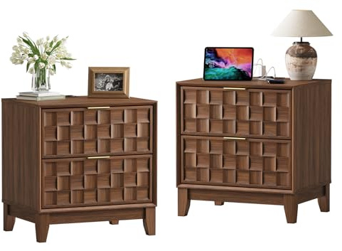 COLAMY Night Stand Set of 2, Nightstand with Charging Station, 2 Drawers Modern Bedside End Table, with Chessboard Relief and Wood Legs, for Bedroom, Dorm and Small Space - Walnut