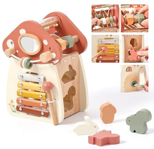 let's make Jouet de motricité champignon en bois 5 en 1, jouet Montessori pour enfants, cube de motricité à partir de 1 an, jouet éducatif pour bébé à partir de 1 an, centre d'activité pour bébé