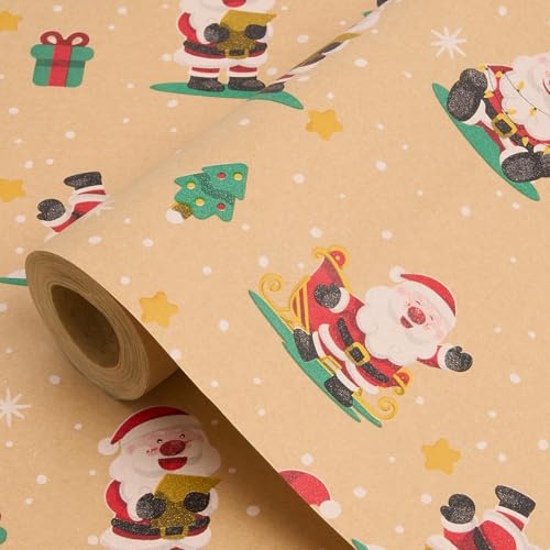 Kraft Christmas Wrapping Paper Roll: Recyclable Gift Wrapping Paper Printed with Santa Claus - 43cm x 15M