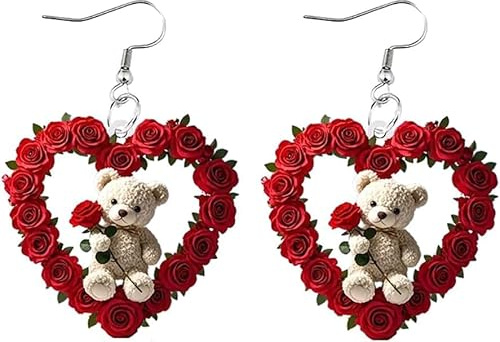 SDFWGG Orecchini Donna Orsetto con Rose a Forma di Cuore in Acrilico Gioiello Leggero e Dolce Accessorio Elegante per Feste Festival e Occasioni Speciali