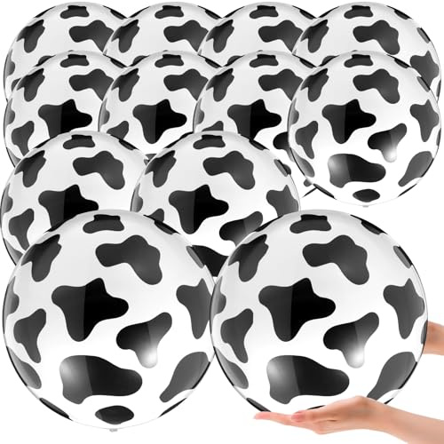 JolliLudo 12 Pieces Inflatable Beach Ball Set - 10 Inch Cow Print Beach Balls for Theme Party Supplies Summer Pool Decor Cowgirl Cowboy Farm Animal Birthday Fun Party Favors