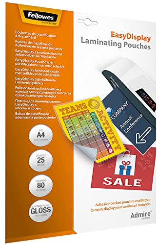 Fellowes Laminierfolien A4 EasyDisplay mit selbstklebender Rückseite, 80 Mikron (2 x 80 mic), 25 Stück