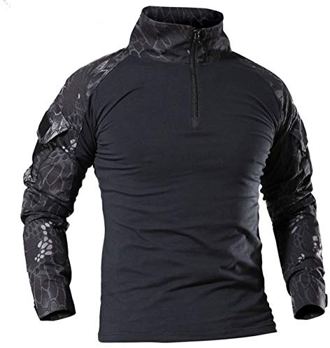 Militär taktisk långärmad skjorta för män andningsbar jakt strid T-shirts snabbtorkande utomhustoppar 1/4 främre dragkedja kamouflage airsoft skjortor, Svart python, XS