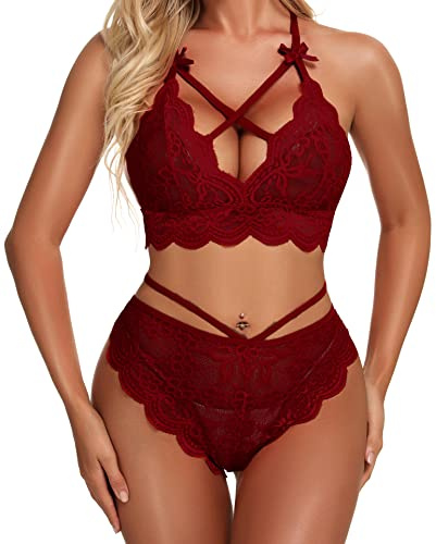 Namifin Ensemble de Lingerie en Dentelle pour Femme avec Soutien-Gorge et Culotte, Rouge vin, Large