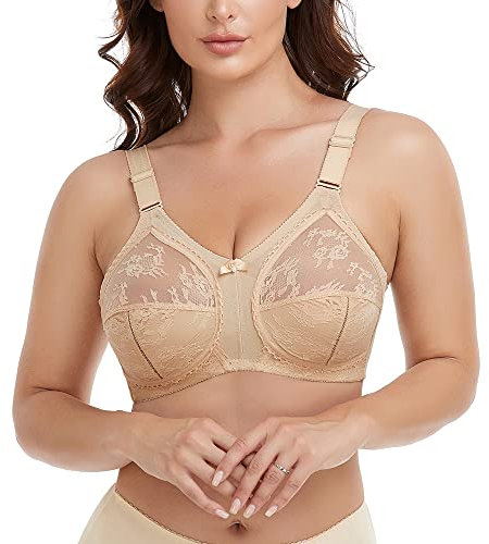 Ayigedu Plus Size Non Wired Lace Non Padded Full Coverage Bra Minimizer Firm Hold 44-E Beige