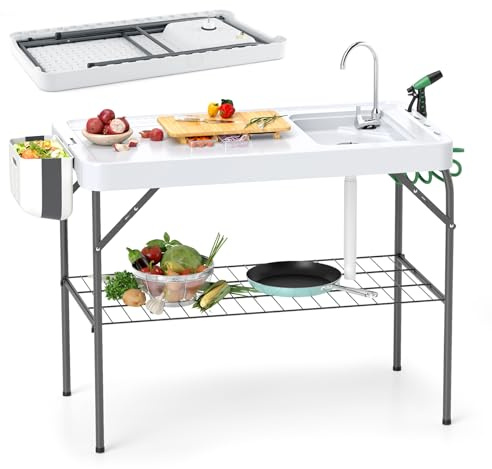 COSTWAY Folding Picnic Table, Portable Fish Cleaning Cutting Station with Sink, Grid Rack, Faucet, Spray Nozzle, Drain Hose and Knife Slot, Outdoor Camping Sink Table, 150kg Capacity
