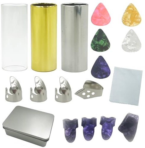 Gitarre Rutsche Set,3 Stück Gitarren Slides(2 Metall und 1 Glas),4 Stück Edelstahl und 4 Stück Kunststoff Finger Plektren 5 Stück Gitarrenplektren,Gitarrenzubehör