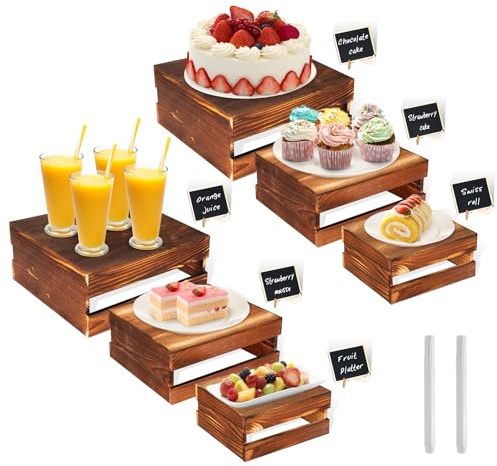 6 elevadores de buffet con mini carteles, soportes de madera rústica para tartas, elevadores de alimentos para mesa de buffet, soporte de exhibición de postres, cajas de madera, soporte rústico para