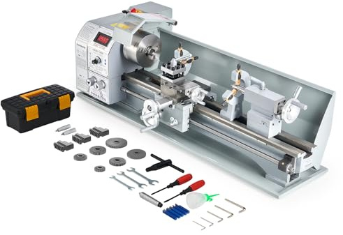 CREWORKS 1100W Mini Torno de Metal de Bancada 220x600mm 9x24 de Alta Precisión con Portabrocas de 3 Mordazas y Velocidad de Husillo Máx. 3000 RPM Pantalla LCD para Roscado, Torneado, Taladrado