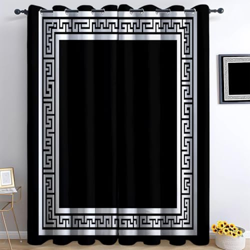 Eyelet Blackout Curtains Black, Simple Noise Reducing Thermal Window Drapes with Greek Border Pattern for All Seasons, Stain Resistant & UV Protection Curtains, W 46 x L 90 (2 Panels)