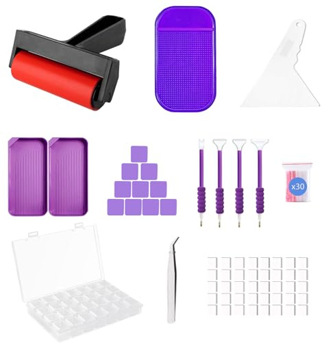 LIRUNQIU 46 PCS Diamond PaintingTools Kit, Complete Accessories Set with Anti-Slip Mat, Tweezers, Roller, Wax Pen, Storage Containers, Trays for Adults Kids Beginners Art Crafts(Purple)
