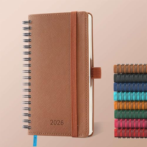 IN-LUXPRO Kalender 2026: Taschenkalender A6 Klein 16,4x9,6cm Ringbuch Buchkalender Terminplaner 2026 Wochenplaner Notizbuch,12-Monate(Jan.-Dez.) mit 100GSM Papier & Stiftschlaufe PU-Leder Braun