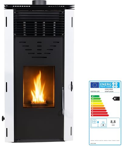 EIDER BIOMASA Estufa de Pellets CERO REM – 10 kW – Funcionamiento Mecánico sin Electricidad – Tolva 15 kg – Hasta 200 m³ – Consumo 1,4–1,9 kg/h – Compacta 97 × 51 × 47 cm – Clase Energética A+