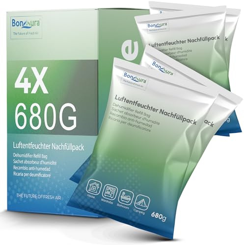 BonAura® Luftentfeuchter Nachfüllpack 4 x 680g - Sparset Luftentfeuchter Granulat - 4er Set Entfeuchter Granulat - Schimmel- und Geruchsschutz