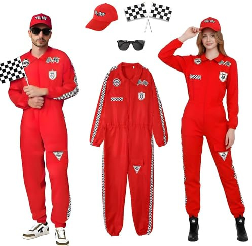 Zophlly Costume da pilota da donna, rosso, tuta da uomo per adulti, costume da racer con guanti, cappello per carnevale Halloween (S)