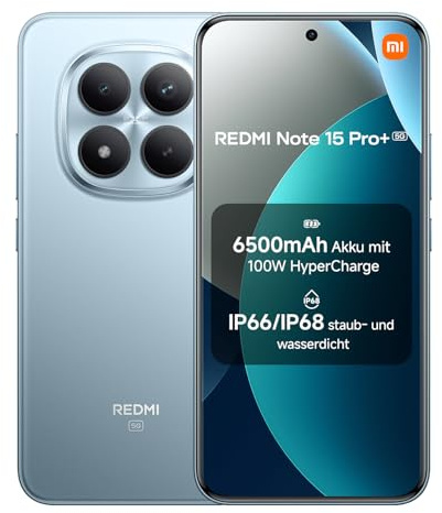 XIAOMI Redmi Note 15 Pro+ 5G Smartphone (12+512 GB) – 6500-mAh-Akku, IP66/IP68 Staub- und Wasserschutz, Neue 200-MP-Kamera, 6,83 AMOLED-Display, Handy in HGletscherblau, 2 Jahre Garantie