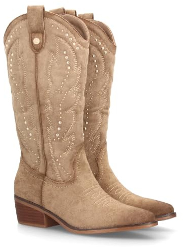 Botas Cowboy de Mujer Estilo Western con Diseno Elegante. Cana Alta con Bordados Decorativos y Tachuelas metalicas. Tacon Ancho de Altura Media, Punta Fina. Ideal Otono Invierno.
