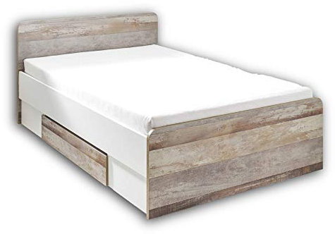 Stella Trading MOON Stilvolles Einzelbett 140 x 200 cm mit Bettkasten - Komfortables Jugendzimmer Bett in Driftwood-Optik, weiß - 146 x 89 x 205 cm (B/H/T)