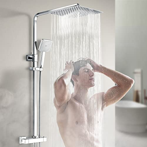 Heilmetz Duschsystem mit Thermostat (30x30cm Kopfbrause) Regendusche mit Thermostat Edelstahl Duschset mit Handbrause, Eckig Regenbrause Verstellbarer 800-1180mm Duschstange Chrom
