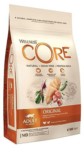 Wellness CORE Original, Pute & Huhn, 4 kg, Premium Katzenfutter trocken für ausgewachsene Katzen, ohne Zuckerzusatz, getreidefrei, mit hohem Fleischanteil, beugt Haarballen vor