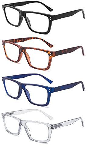 BOSAIL 4 Pack Reading Glasses Blue Light Blocking Large Square Frames with Spring Hinges, Anti Glare UV Eyestrain,Computer Readers for Men Women 1.75
