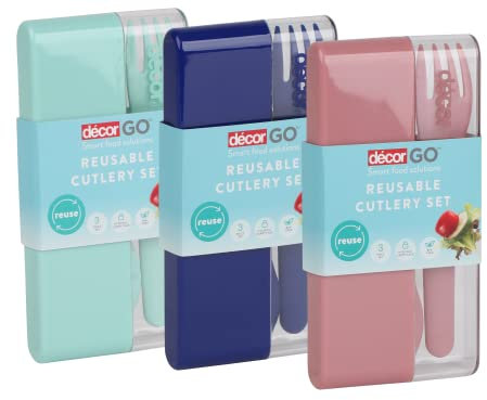 Décor Go Reusable Cutlery Set with Travel Case | Perfect for Camping, Travel & Picnics | 3 Piece Set - Assorted Colours
