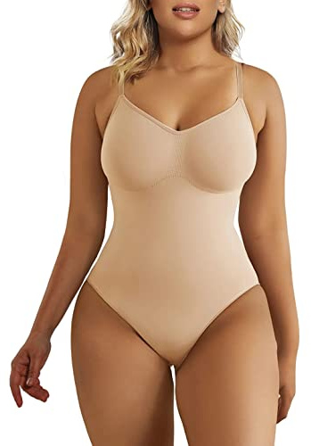 SHAPERX Bodysuit Figurenformend Damen Body Shaper Bauchweg Sculpting Shapewear Tanga Ganzkörper Formende Bodys Verstellbarer Schultergurt, UK-SZ5215-Beige-S/M