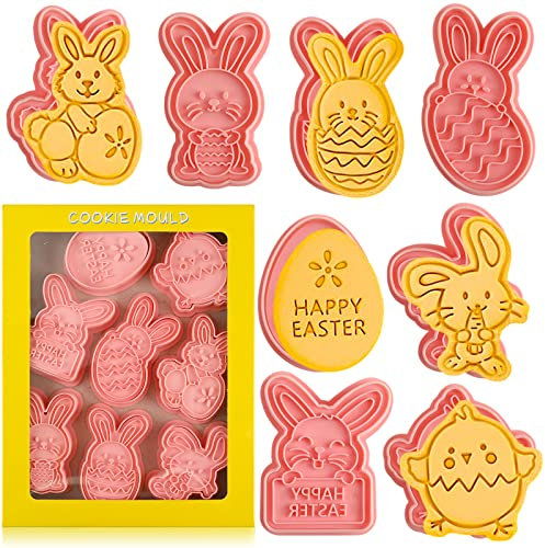 Easter Cookie Cutters Set, 8 Pcs Cookie Cutter with Plunger Stamps