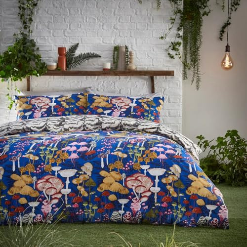 furn. Amanita Duvet Cover Set – Hand-Painted Printed Colourful Mushroom Reversible Bedding (Cobalt – Double)