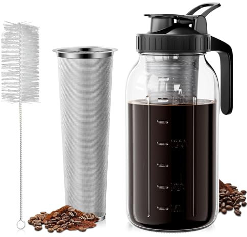 VA1KENE 64oz Cold Brew Coffee Maker with Stainless Steel Mesh Filter, 2 Quart (1.9 Liter) Heavy Duty Iced Coffee Maker w/Flip Cap Lid and Spout