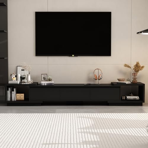 Caldion Verstellbares TV Schrank,160-270 cm Breit,Lowboard für Fernseher,Fernsehtisch mit 3 Schubladen,Tv Board,Tv Tisch,TV Bank,für Wohnzimmer Schlafzimmer,Schwarz,270x40x39cm