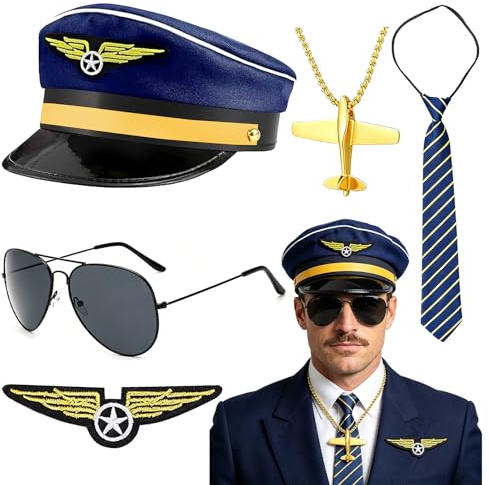 PIUMOJ Kit de Disfraz de Piloto-5 Piezas Accesorios de Disfraz de Capitán Piloto, Incluye gorra ajustable, gafas de sol de piloto e insignias. Disfraz de Halloween rápido para hombres y mujeres.